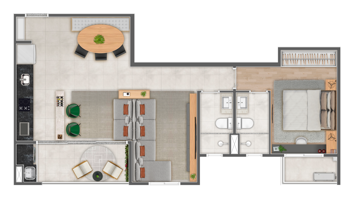 Planta tipo 2 — 66,07m² • sala estendida